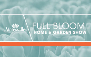 Full Bloom Logo: Blue background with outlines of tulips in the background and the Statesville logo to the left edge