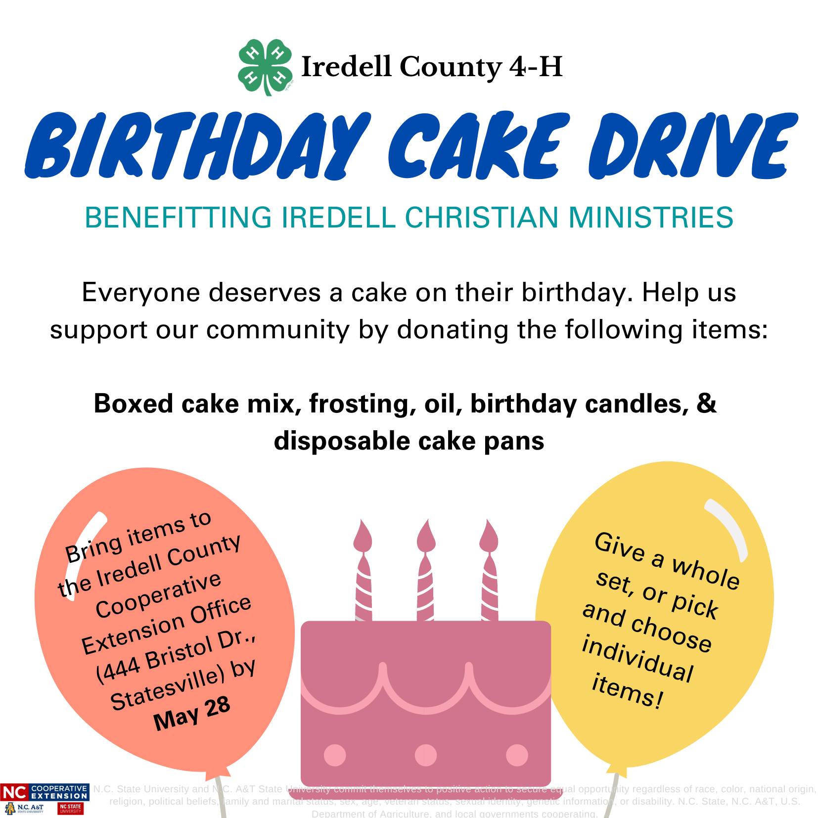 4-H Birthday Cake Drive Benefiting Iredell Christian Ministries | N.C.  Cooperative Extension