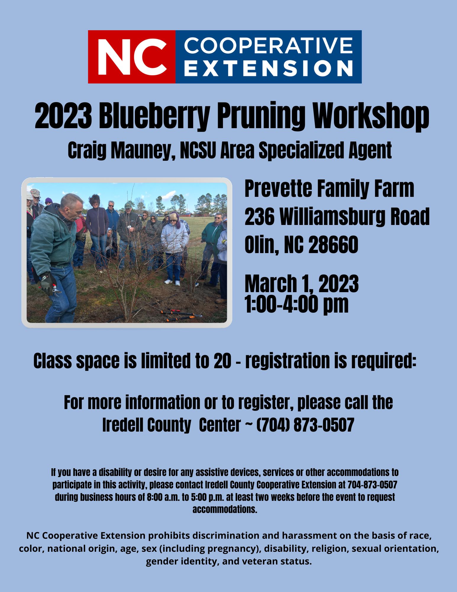 Join us at Prevette Family Farm on March 1, 2023 for our annual blueberry pruning workshop. Blueberries can be a profitable, specialty crop that commercial and backyard growers can produce successfully. Participants will be guided through the pruning decision making process as well as discuss production aspects of blueberries. Participants will gain hands-on knowledge of proper pruning techniques to maximize disease prevention and insect control, thus maximizing plant health and productivity.